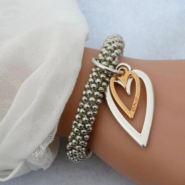 Silver Beaded Open And Mini Heart Bracelet in Rose Gold & Silver