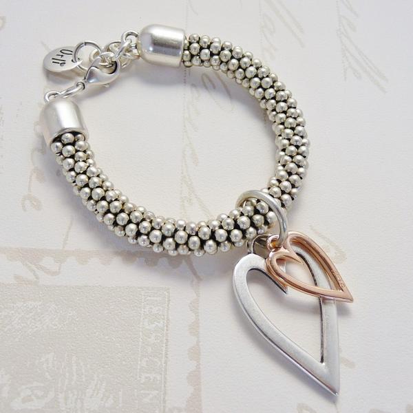 Silver Beaded Open And Mini Heart Bracelet in Rose Gold & Silver