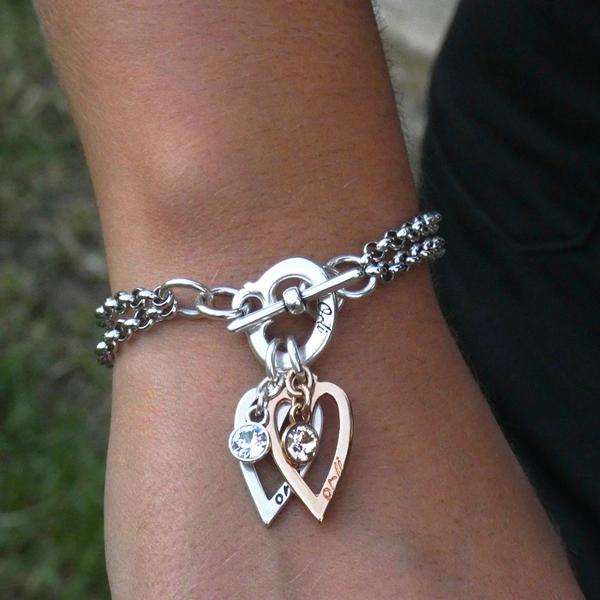 Twin Open Hearts And Swarovski Crystals Bracelet, Silver And Rose Gold