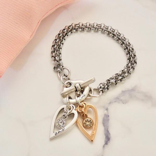 Twin Open Hearts And Swarovski Crystals Bracelet, Silver And Rose Gold