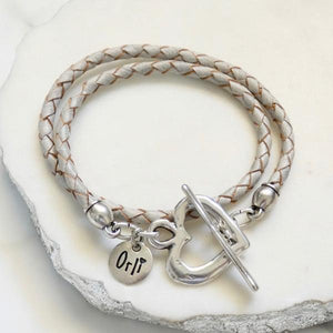 Silver Pleated Leather Wrap bracelet With hammered Heart & Swarovski Crystal - Orli