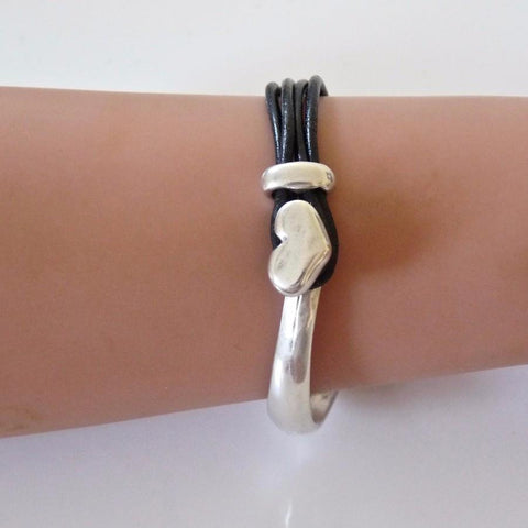 Leather Heart Bangle in Silver And Black - Orli