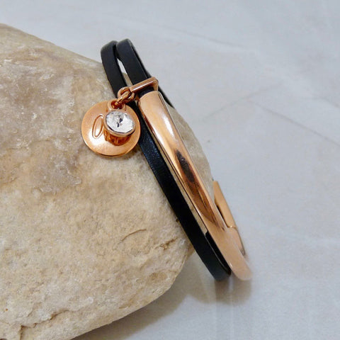 Slim Leather Wrap Bangle In Rose Gold & Black Leather With Swarovski Crystal - Orli