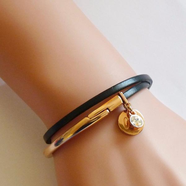 Slim Leather Wrap Bangle In Rose Gold & Black Leather With Swarovski Crystal - Orli