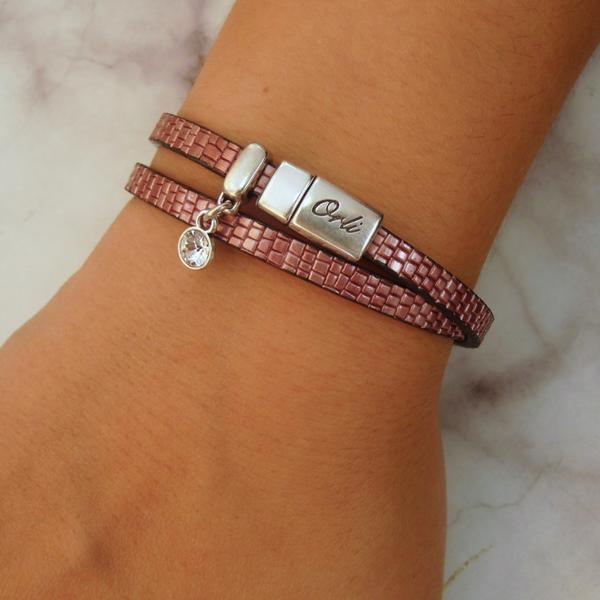 Snake-Look Faux Leather Magnetic Wrap Bracelet In Silver & PinkWith Swarovski Crystal - Orli