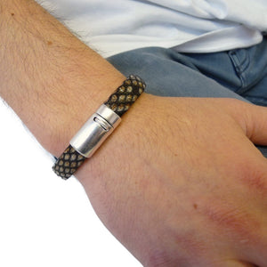 Mens Textured Leather Magnetic Bracelet