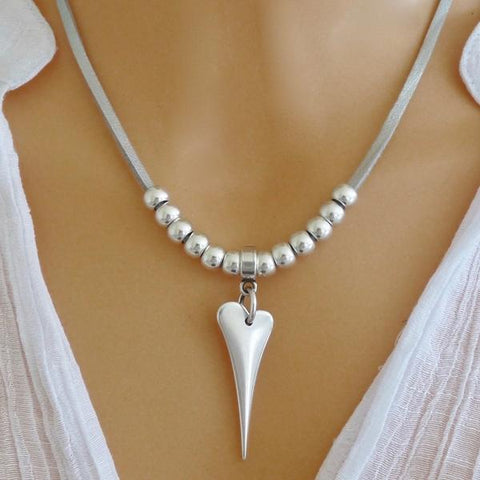 Silver Suede Pointed Heart Necklace - Orli