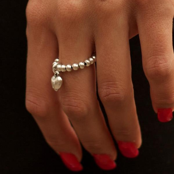 Silver Beads & Mini Puffed Heart Ring by Orli