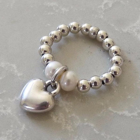 Silver Beaded Ring With Fresh Water Pearls & Puffed Heart - Orli