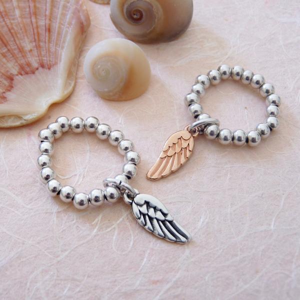 Silver Beads & Angel Wing Ring by Orli