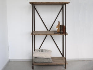 Distressed Iron Bookcase with 3 Rustic Wooden Shelves