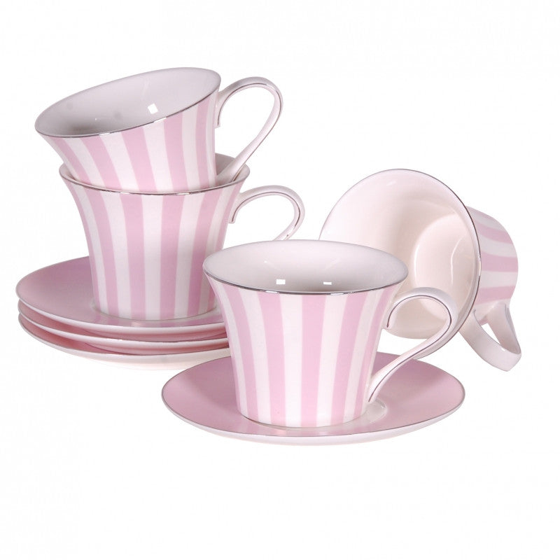 Set of 4 Pink Candy Stripe Cups & Saucers