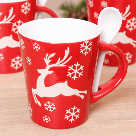 Red Deer Mugs With Spoons